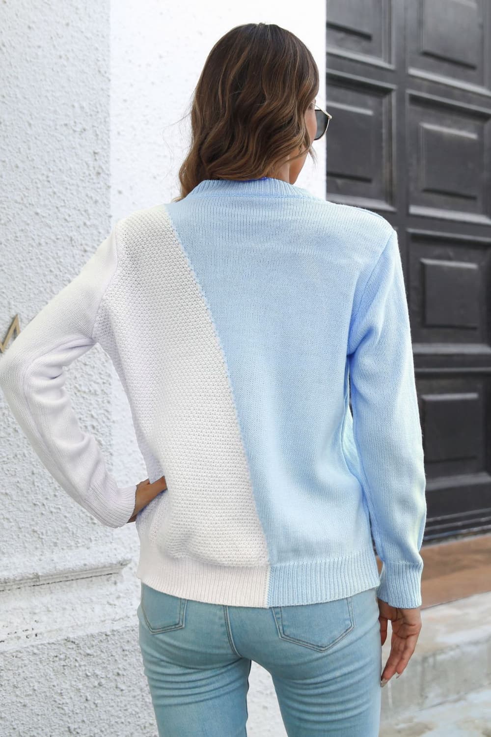 Contrast Color Round Neck Long Sleeve Sweater BLUE ZONE PLANET