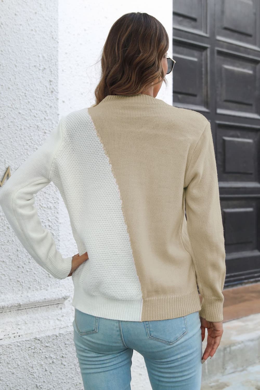 Contrast Color Round Neck Long Sleeve Sweater BLUE ZONE PLANET