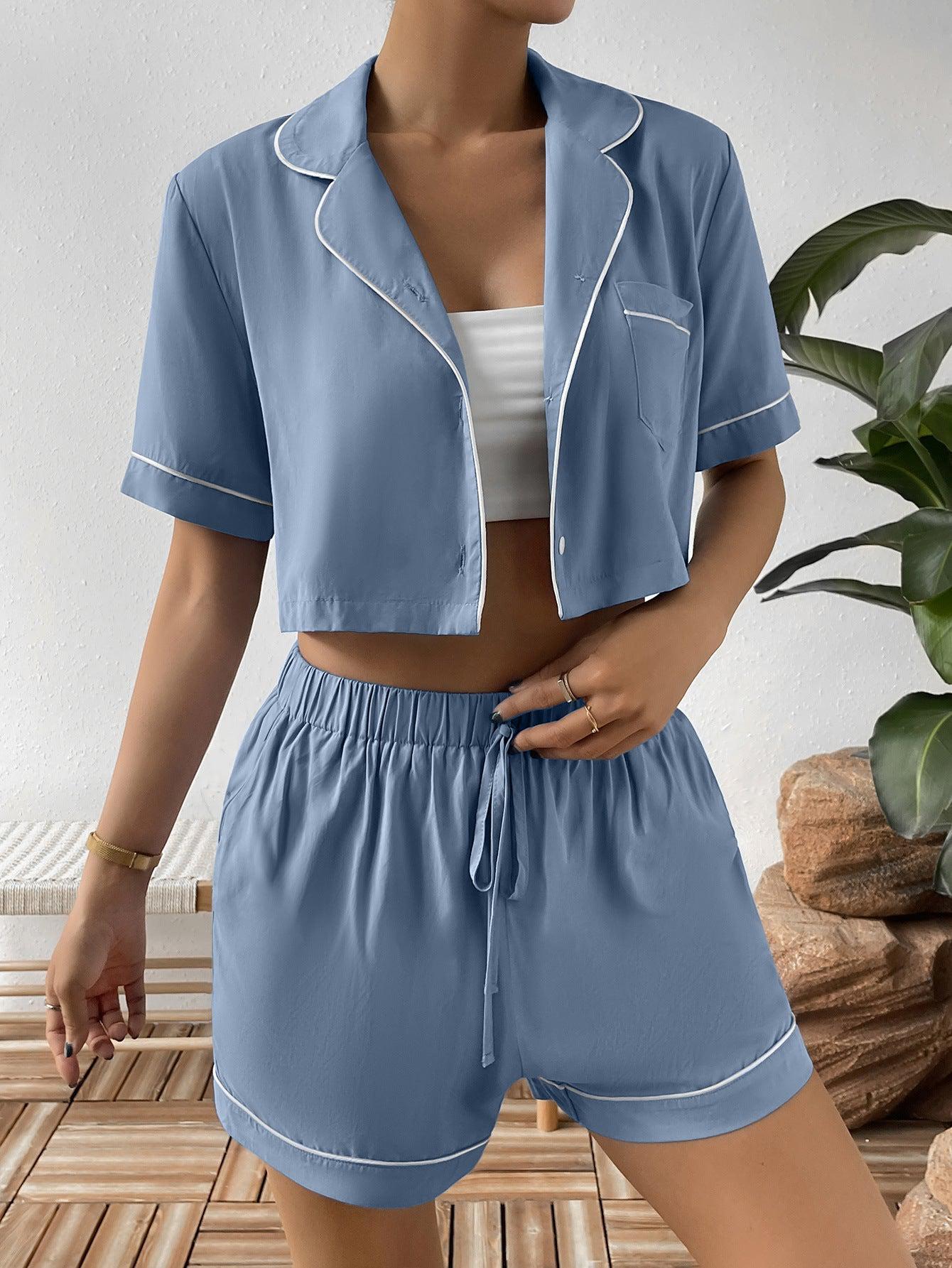 Contrast Lapel Collar Cropped Shirt and Shorts Lounge Set BLUE ZONE PLANET