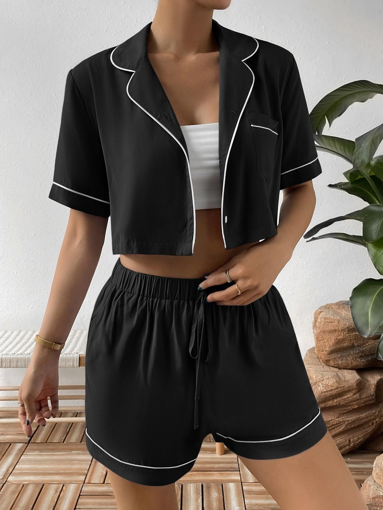 Contrast Lapel Collar Cropped Shirt and Shorts Lounge Set BLUE ZONE PLANET