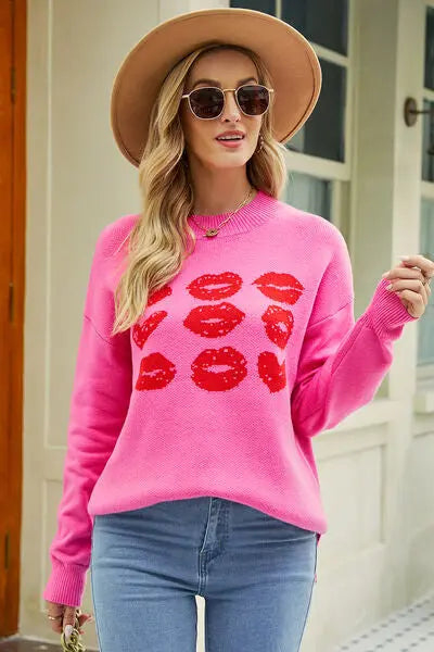 Contrast Lip Pattern Round Neck Slit Sweater BLUE ZONE PLANET