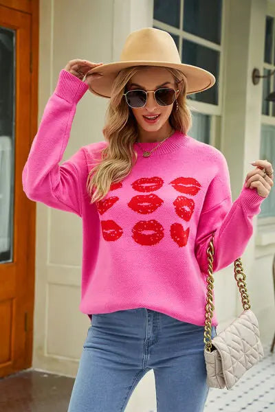 Contrast Lip Pattern Round Neck Slit Sweater BLUE ZONE PLANET