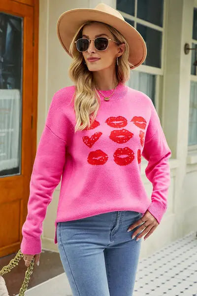 Contrast Lip Pattern Round Neck Slit Sweater BLUE ZONE PLANET