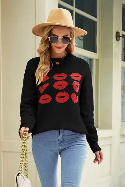 Contrast Lip Pattern Round Neck Slit Sweater BLUE ZONE PLANET