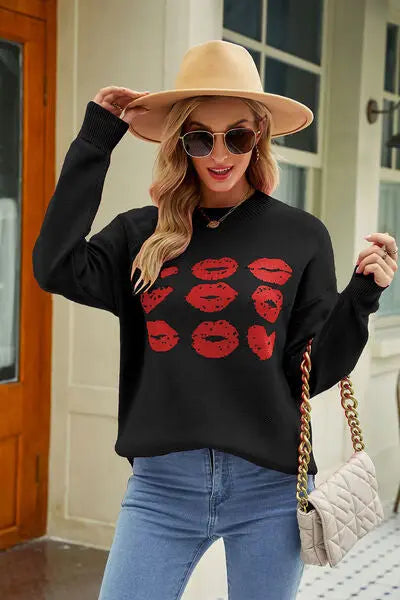 Contrast Lip Pattern Round Neck Slit Sweater BLUE ZONE PLANET