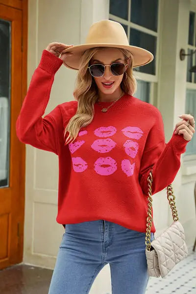 Contrast Lip Pattern Round Neck Slit Sweater BLUE ZONE PLANET