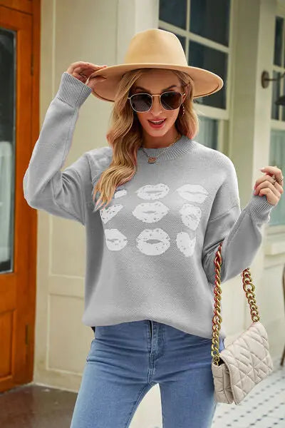 Contrast Lip Pattern Round Neck Slit Sweater BLUE ZONE PLANET