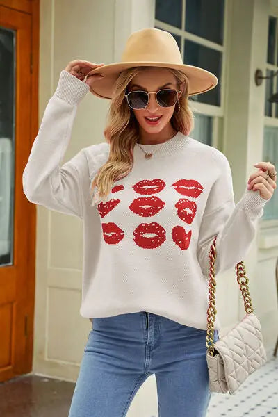 Contrast Lip Pattern Round Neck Slit Sweater BLUE ZONE PLANET