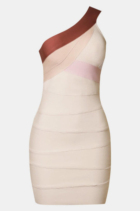 Contrast One-Shoulder Bandage Dress-TOPS / DRESSES-[Adult]-[Female]-Cream/Coffee-S-Blue Zone Planet