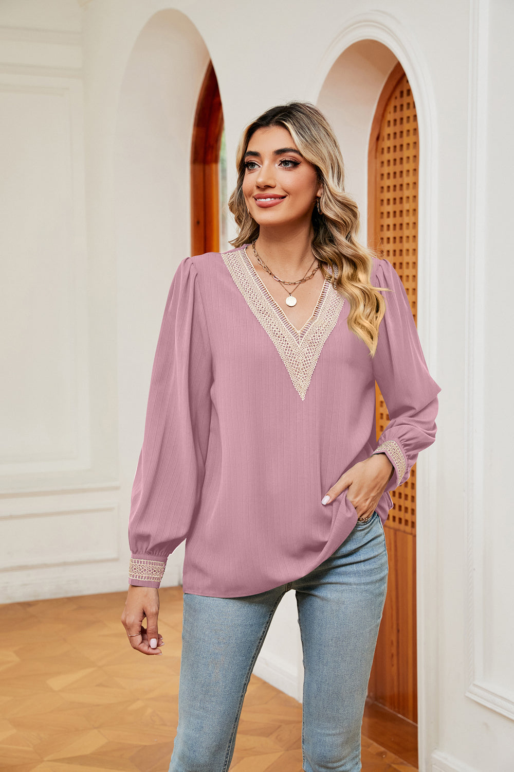 Contrast Puff Sleeve Blouse BLUE ZONE PLANET