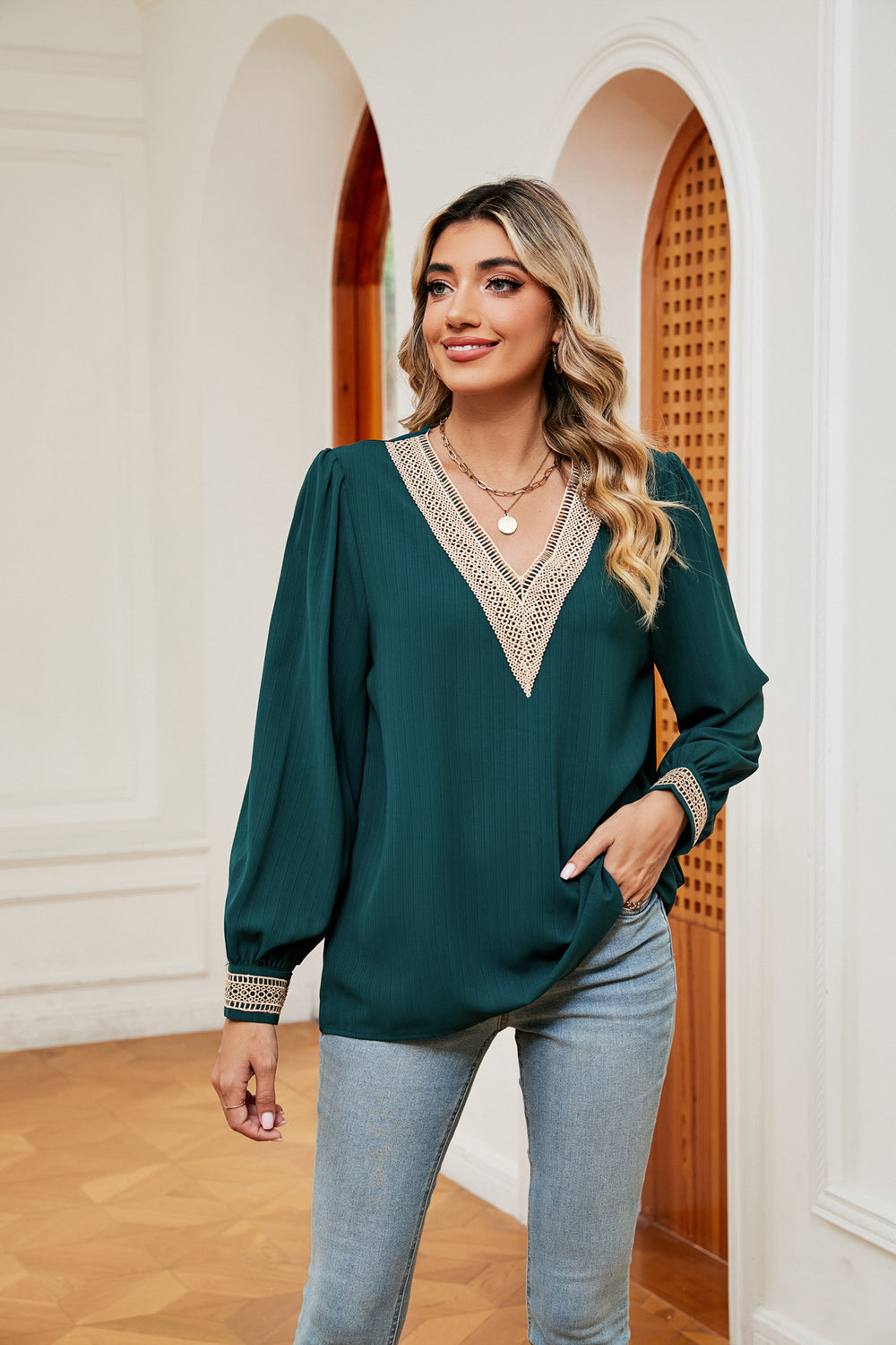 Contrast Puff Sleeve Blouse BLUE ZONE PLANET