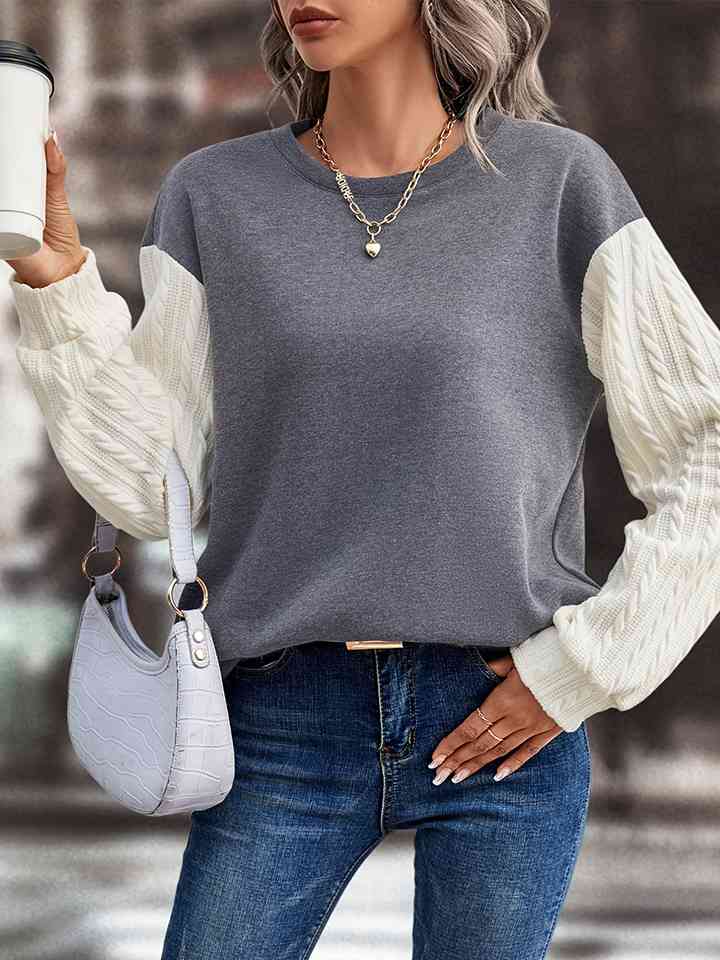 Contrast Round Neck Drop Shoulder Sweatshirt BLUE ZONE PLANET