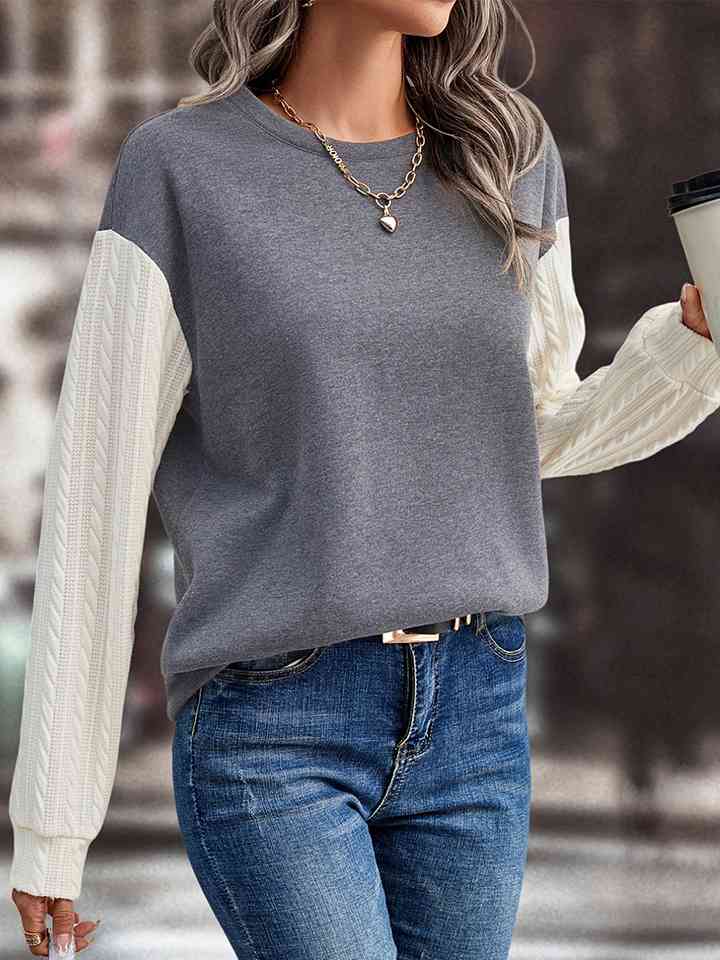 Contrast Round Neck Drop Shoulder Sweatshirt BLUE ZONE PLANET