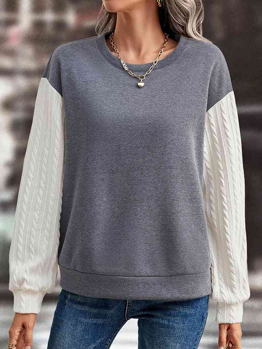 Contrast Round Neck Drop Shoulder Sweatshirt BLUE ZONE PLANET