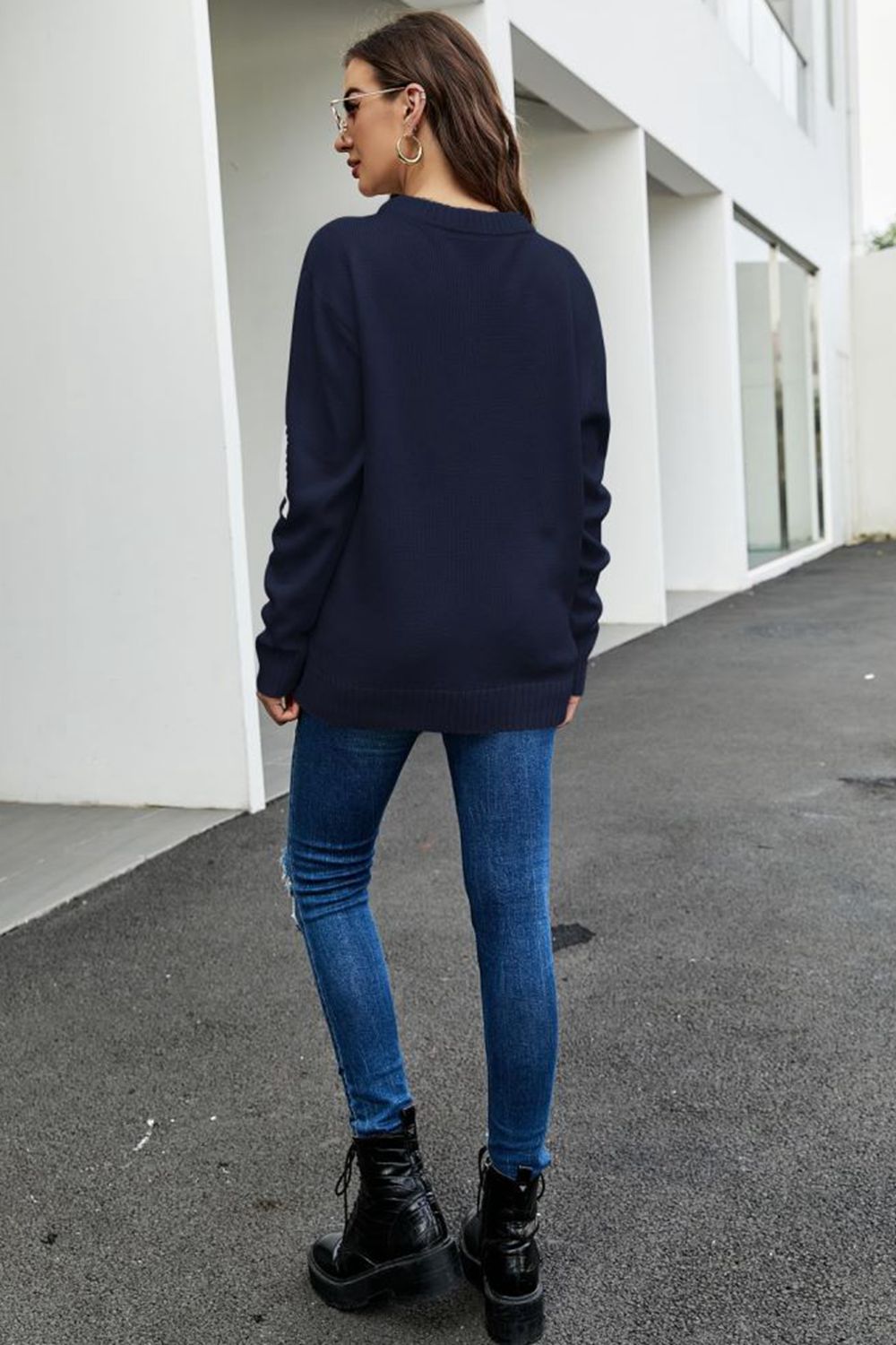 Contrast Round Neck Dropped Shoulder Sweater BLUE ZONE PLANET