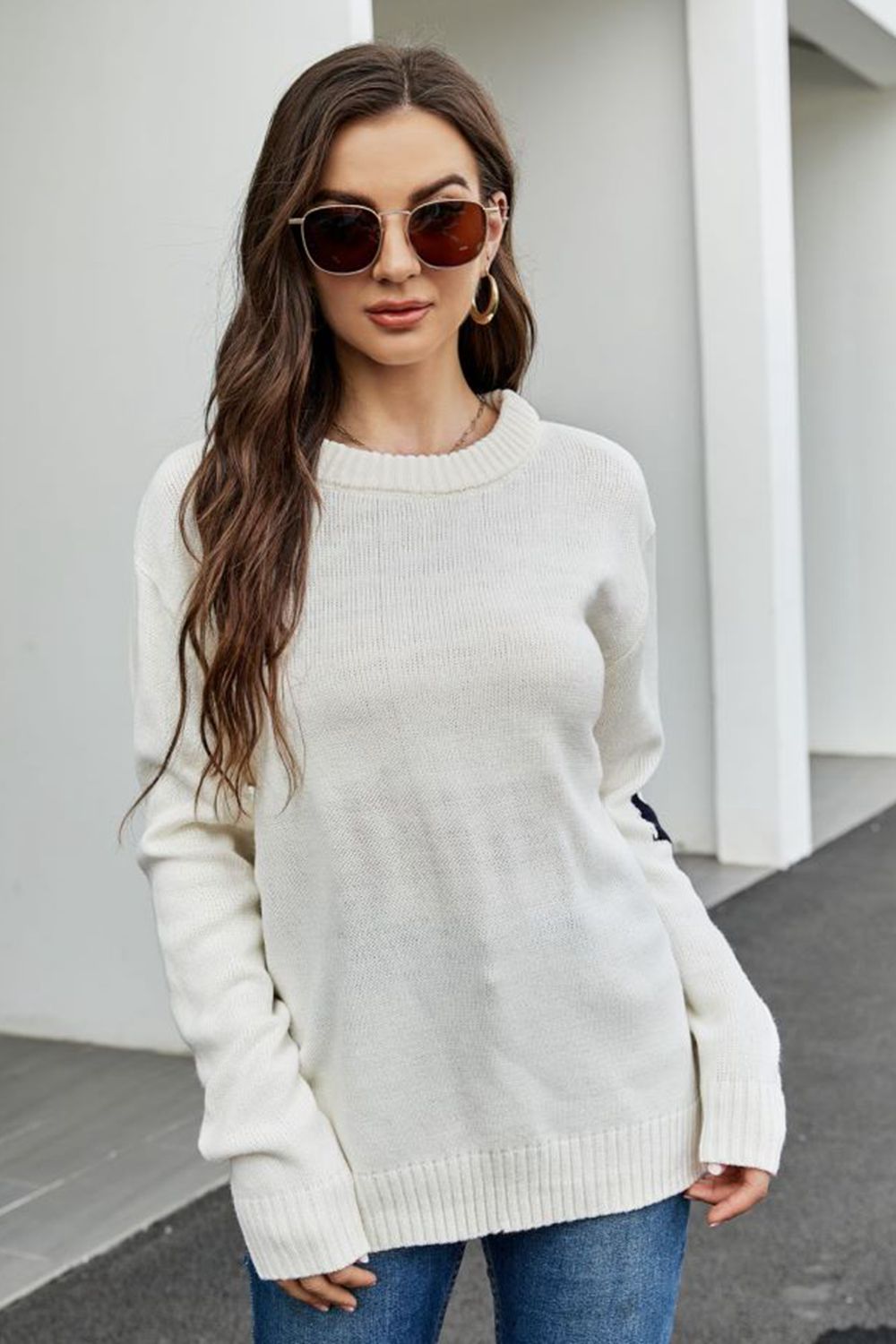Contrast Round Neck Dropped Shoulder Sweater BLUE ZONE PLANET