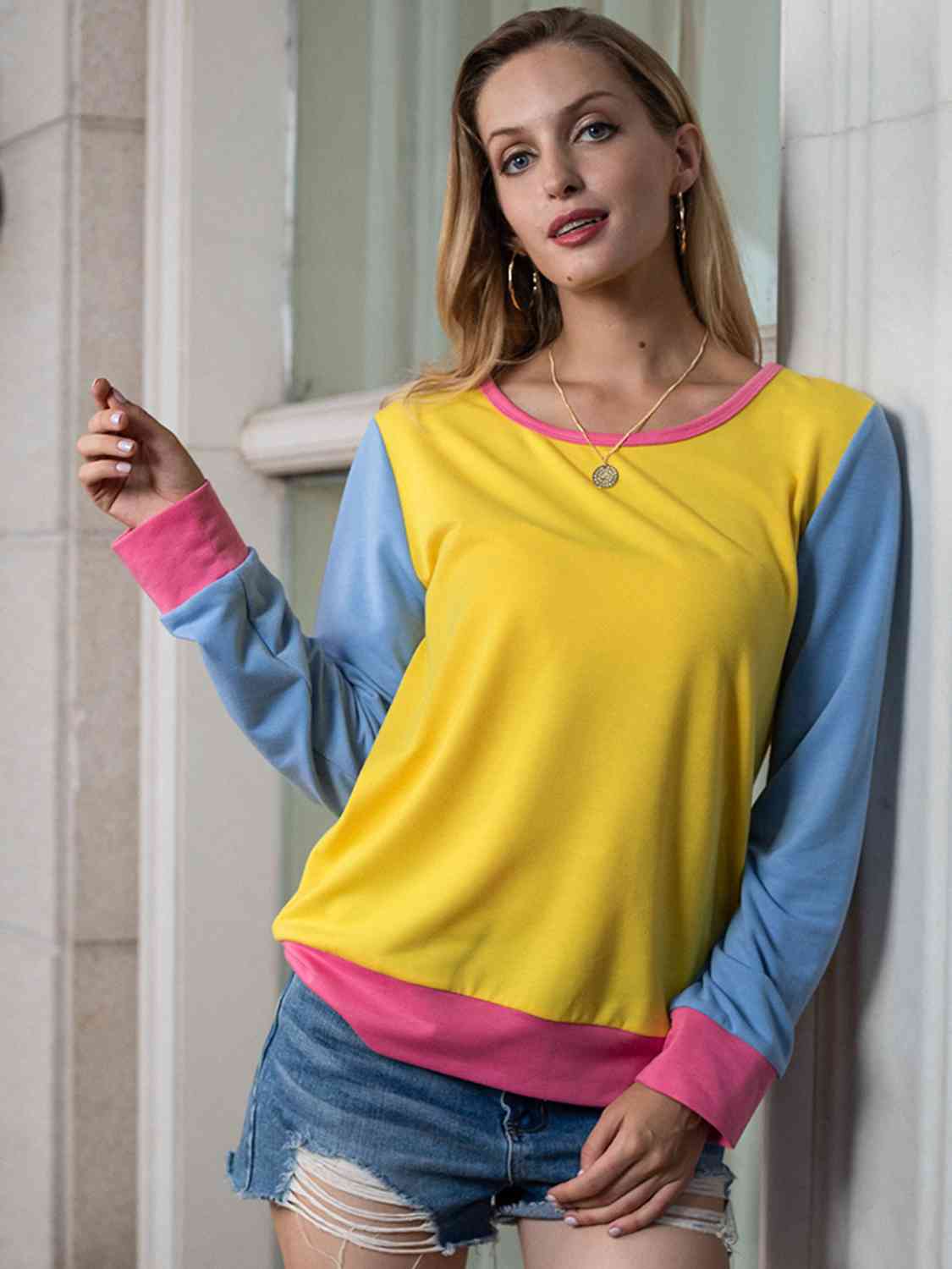 Contrast Round Neck Long Sleeve Top BLUE ZONE PLANET