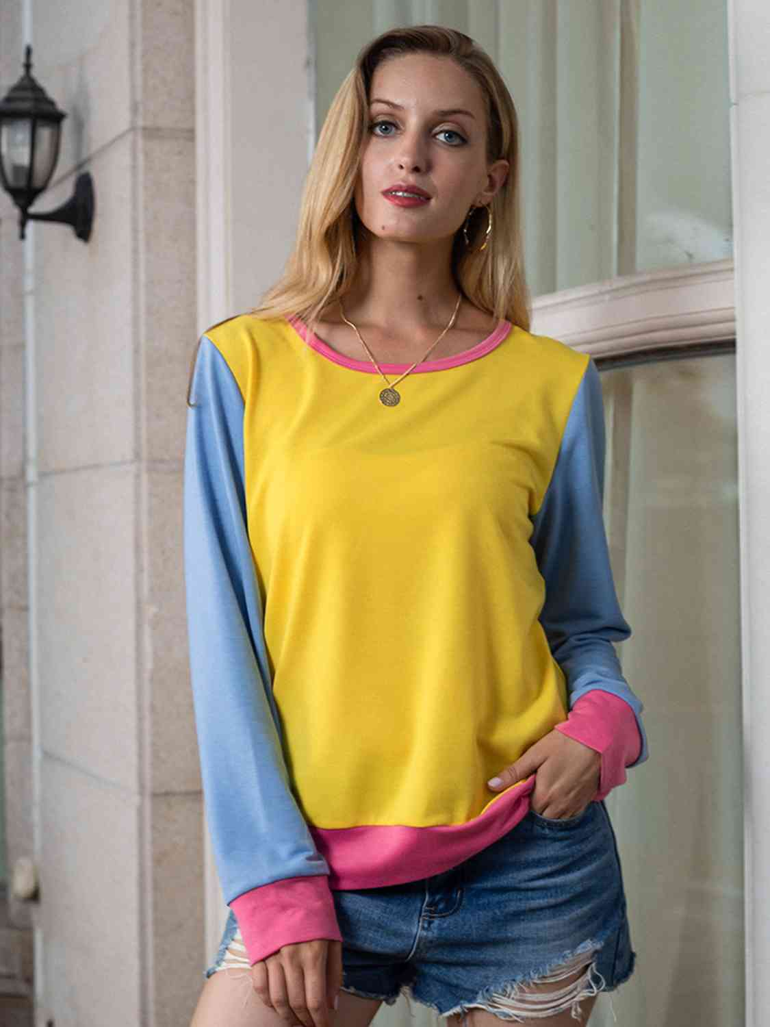 Contrast Round Neck Long Sleeve Top BLUE ZONE PLANET