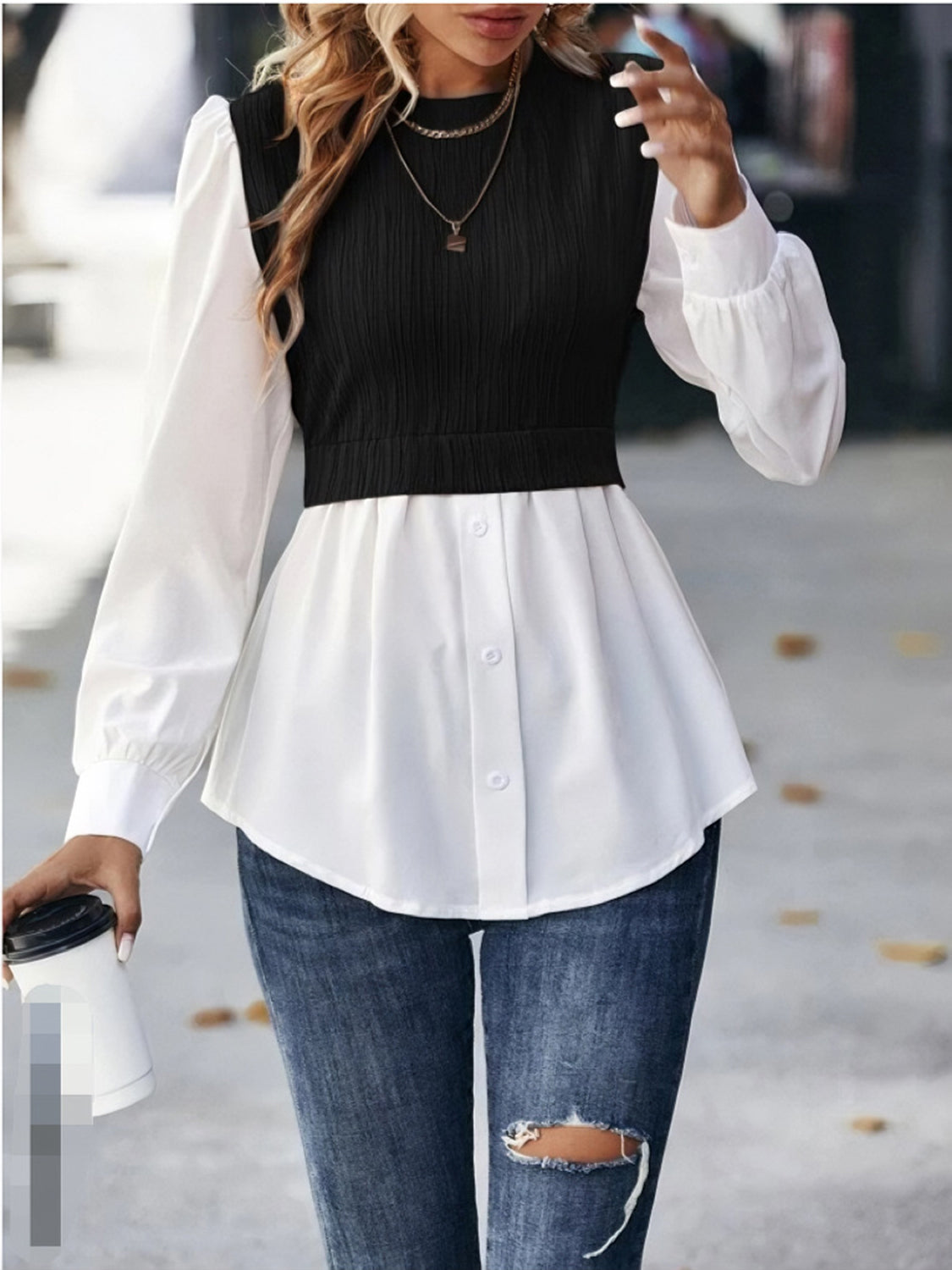 Contrast Round Neck Puff Sleeve Blouse BLUE ZONE PLANET