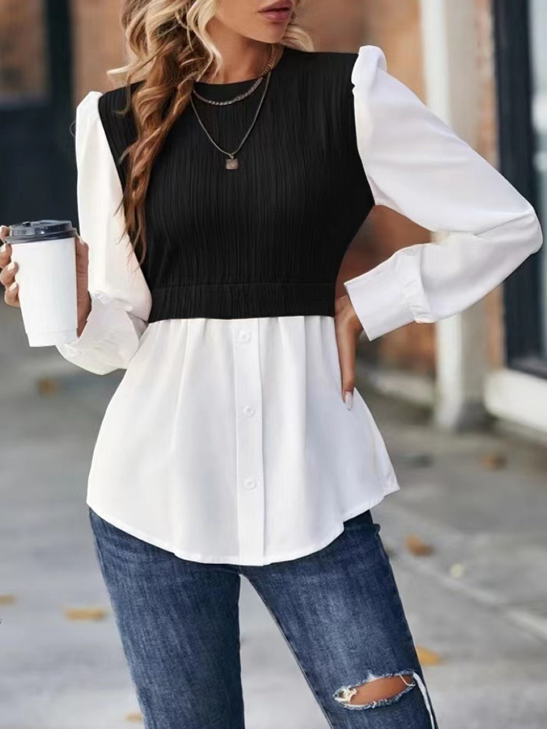 Contrast Round Neck Puff Sleeve Blouse BLUE ZONE PLANET