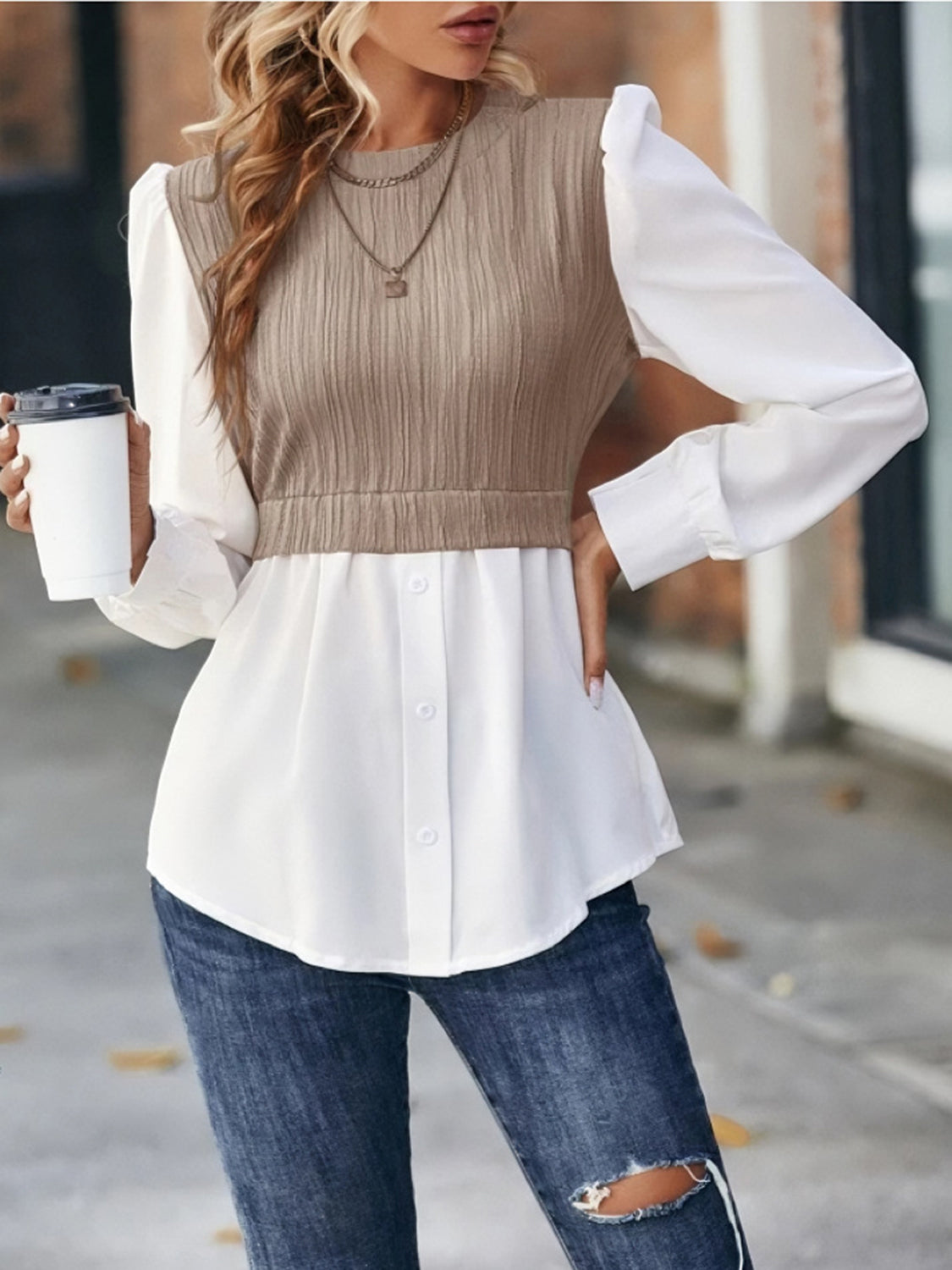 Contrast Round Neck Puff Sleeve Blouse BLUE ZONE PLANET