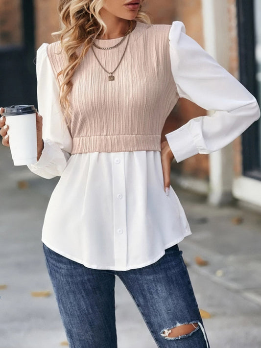 Contrast Round Neck Puff Sleeve Blouse BLUE ZONE PLANET