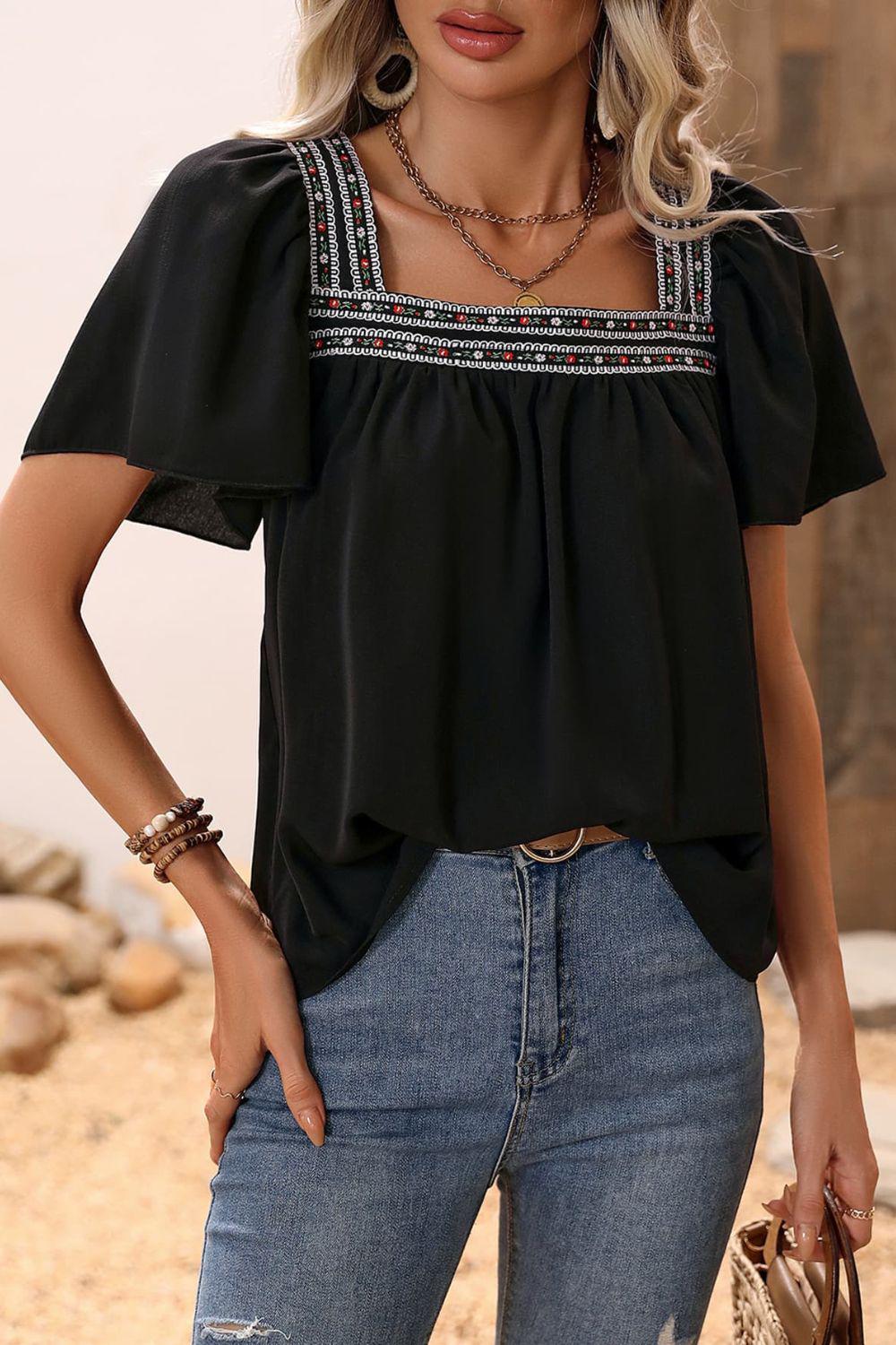 Contrast Square Neck Puff Sleeve Blouse BLUE ZONE PLANET