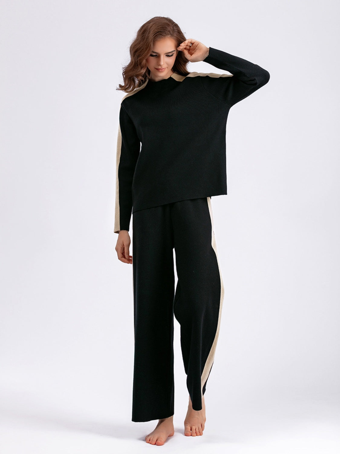 Contrast Sweater and Knit Pants Set BLUE ZONE PLANET