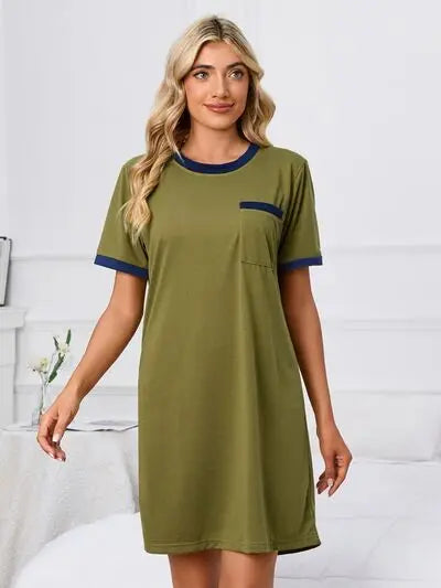 Contrast Trim Round Neck Mini Dress BLUE ZONE PLANET