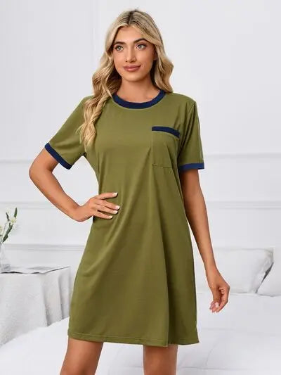 Contrast Trim Round Neck Mini Dress BLUE ZONE PLANET