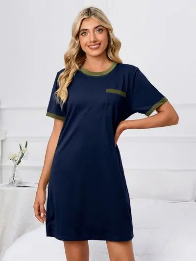 Contrast Trim Round Neck Mini Dress BLUE ZONE PLANET