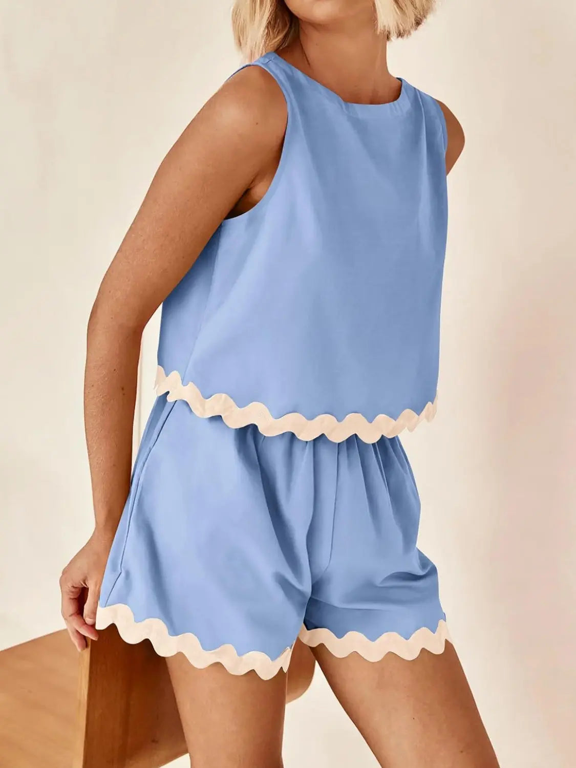 Contrast Trim Sleeveless Top and Shorts Set BLUE ZONE PLANET