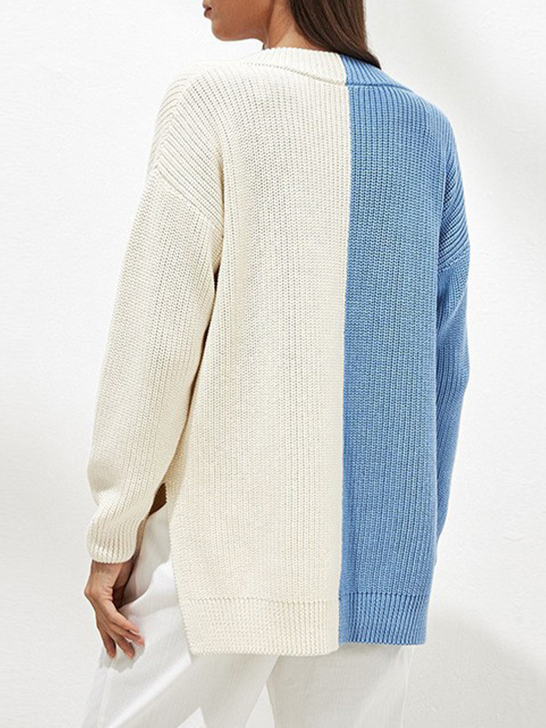 Contrast V-Neck Dropped Shoulder Sweater BLUE ZONE PLANET