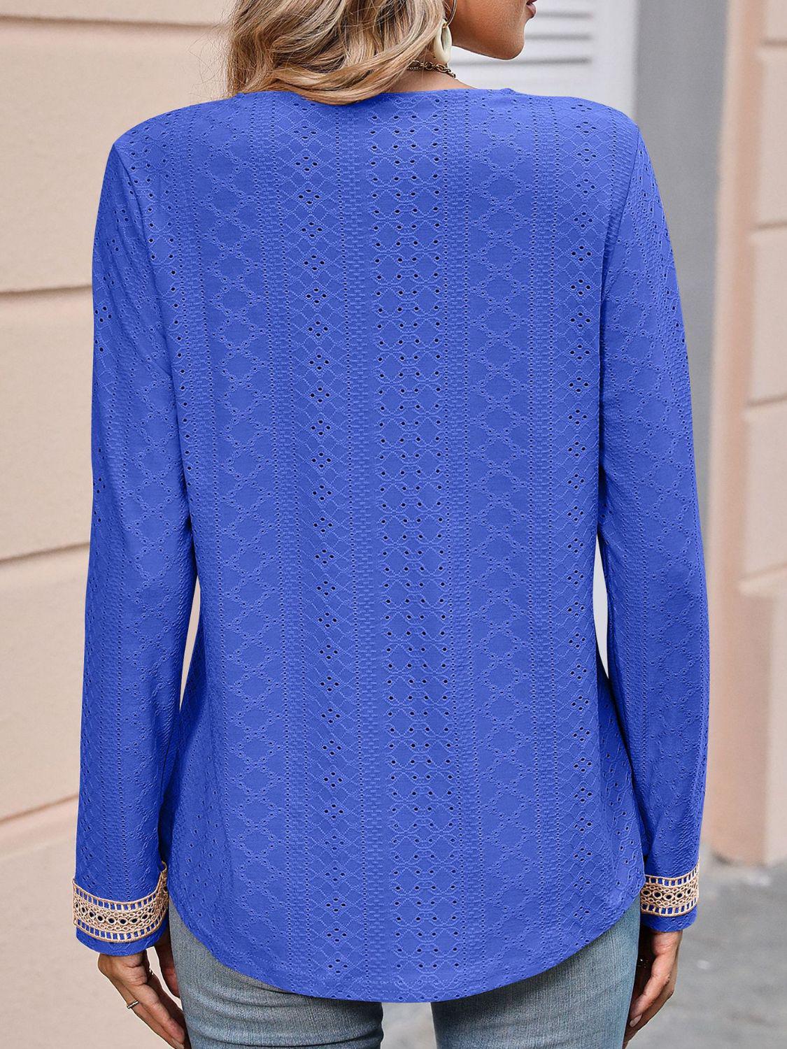 Contrast V-Neck Eyelet Long Sleeve Top BLUE ZONE PLANET