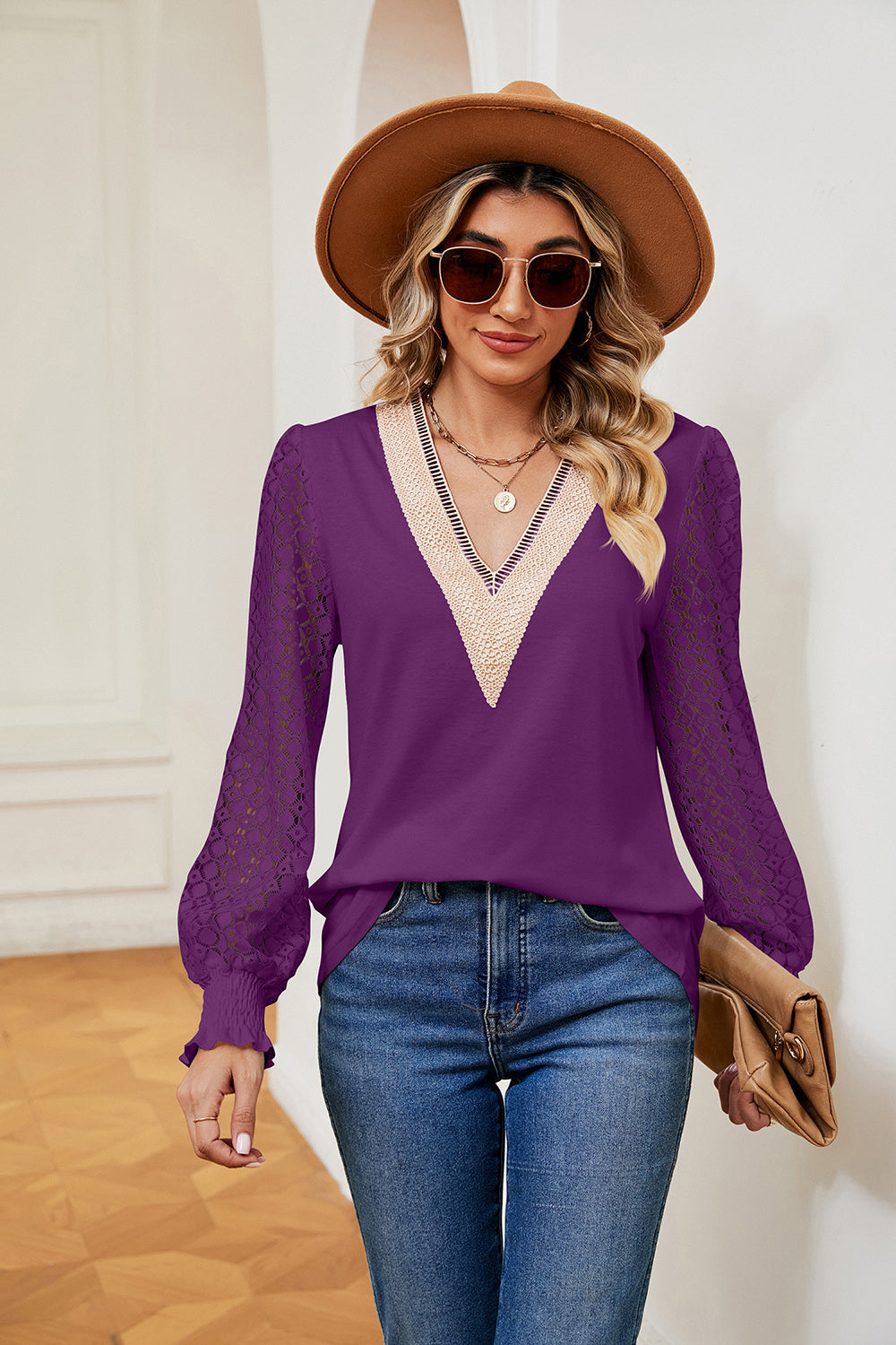 Contrast V-Neck Long Sleeve Blouse BLUE ZONE PLANET