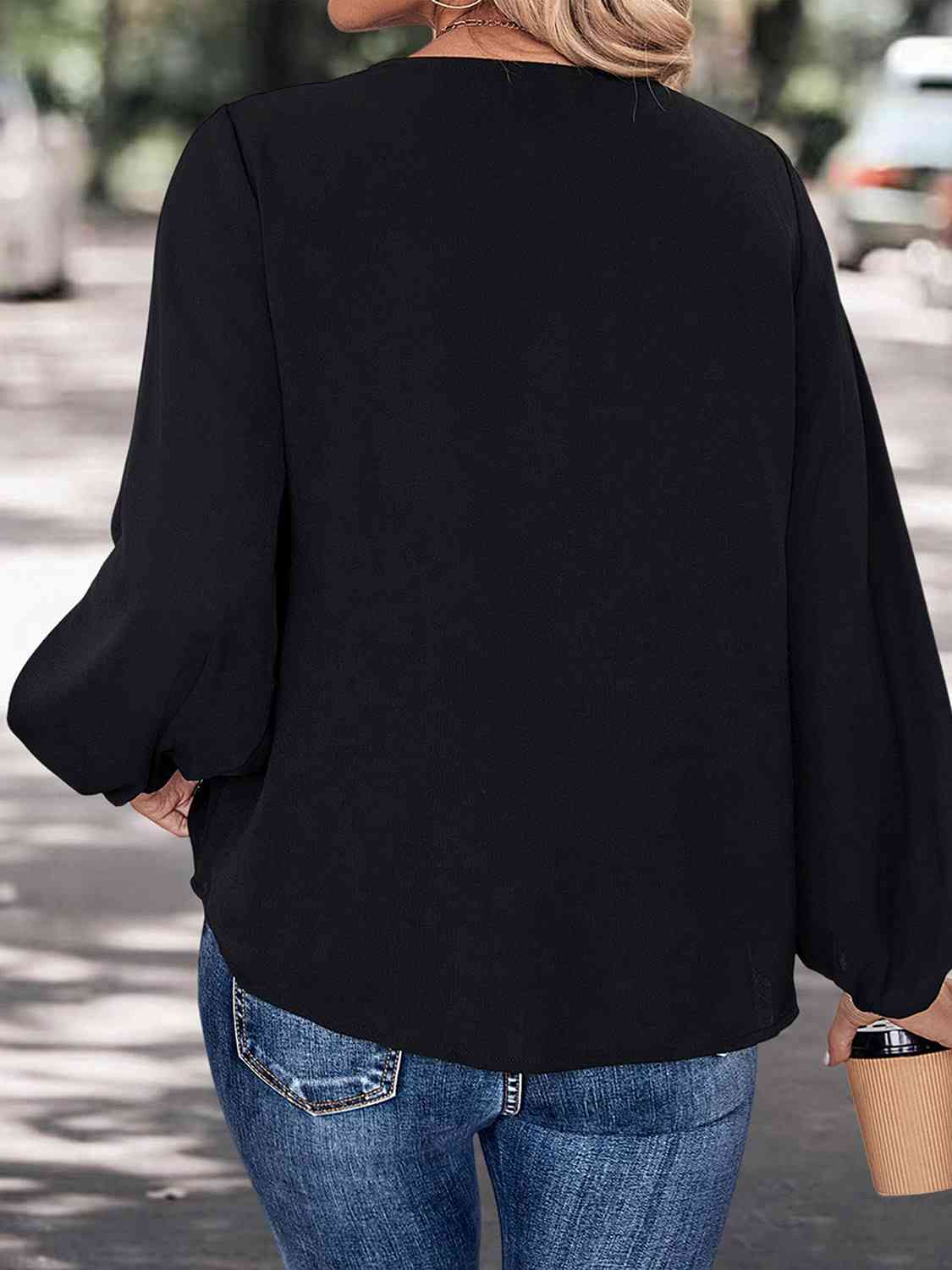 Contrast V-Neck Long Sleeve Blouse BLUE ZONE PLANET