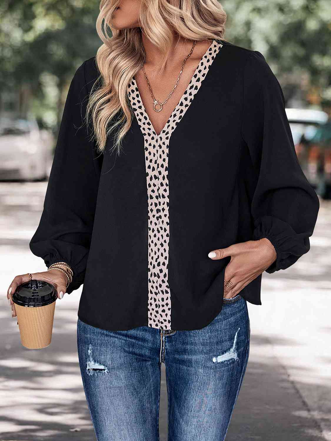 Contrast V-Neck Long Sleeve Blouse BLUE ZONE PLANET