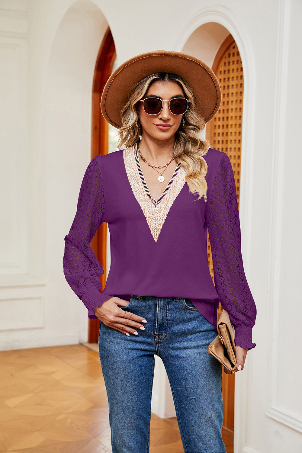 Contrast V-Neck Long Sleeve Blouse BLUE ZONE PLANET