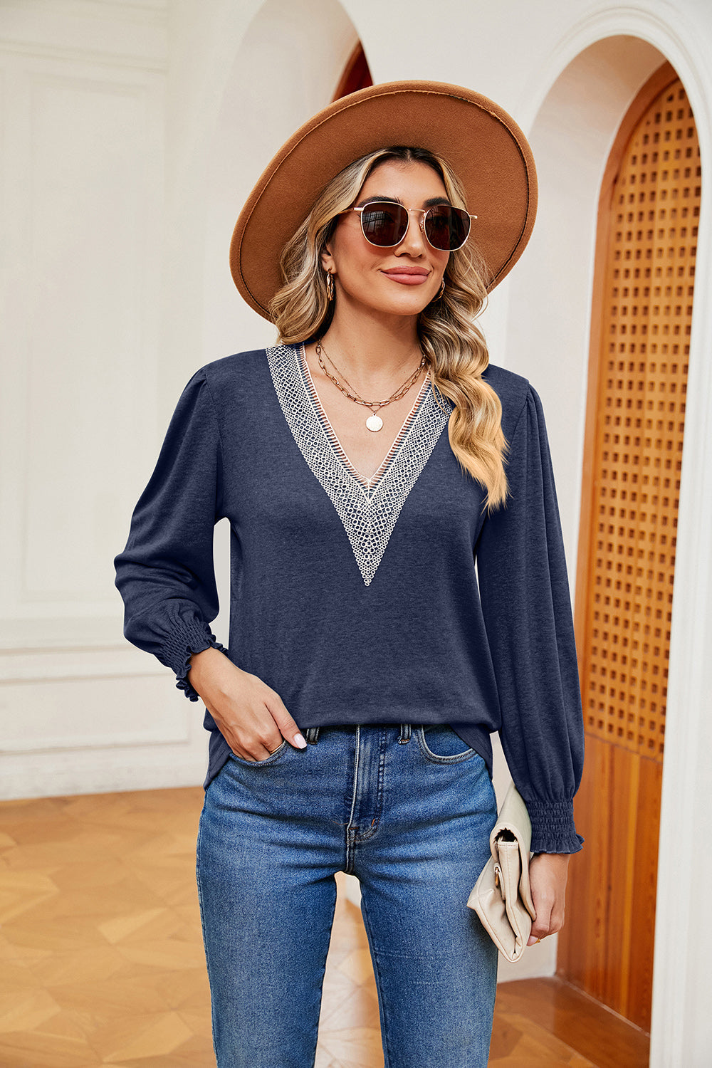 Contrast V-Neck Long Sleeve Top BLUE ZONE PLANET