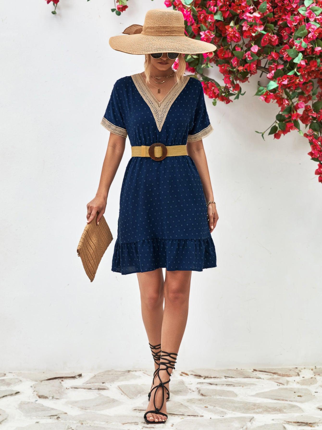 Contrast V-Neck Short Sleeve Mini Dress BLUE ZONE PLANET