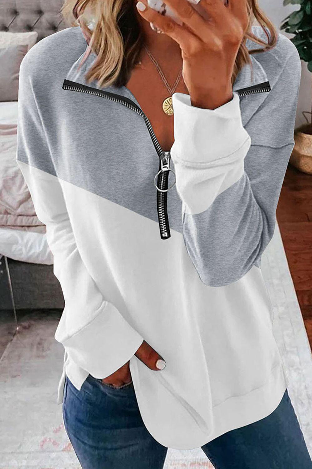 Contrast Zip-Up Collared Neck Dropped Shoulder Blouse BLUE ZONE PLANET