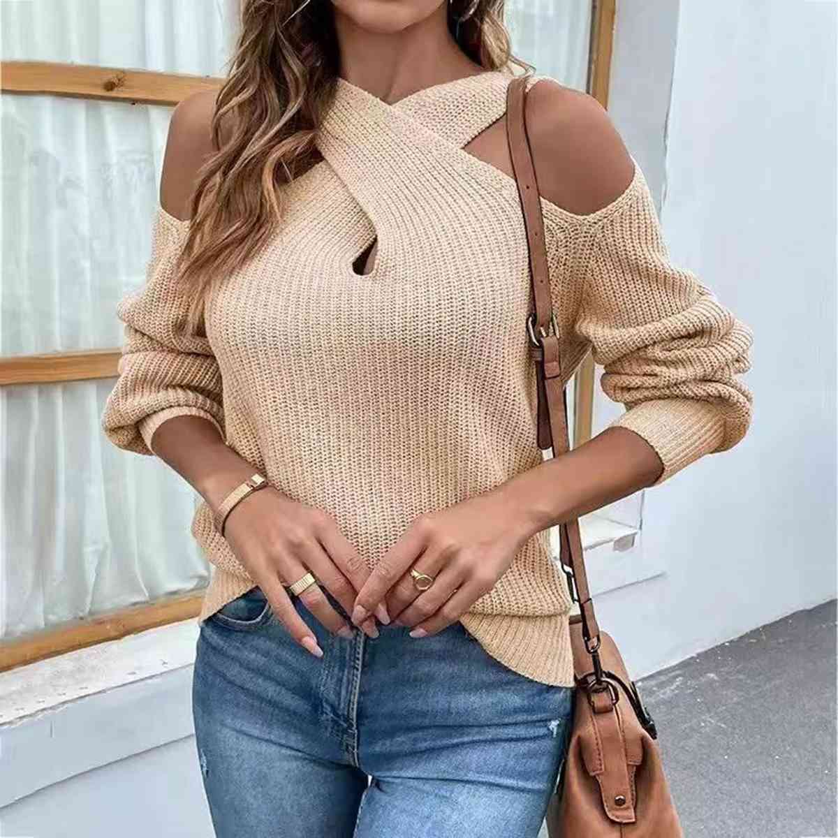 Crisscross Cold-Shoulder Sweater BLUE ZONE PLANET