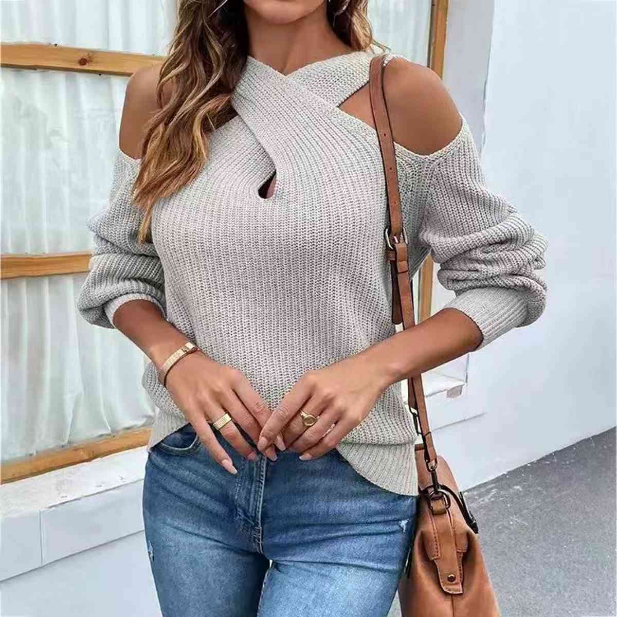 Crisscross Cold-Shoulder Sweater BLUE ZONE PLANET