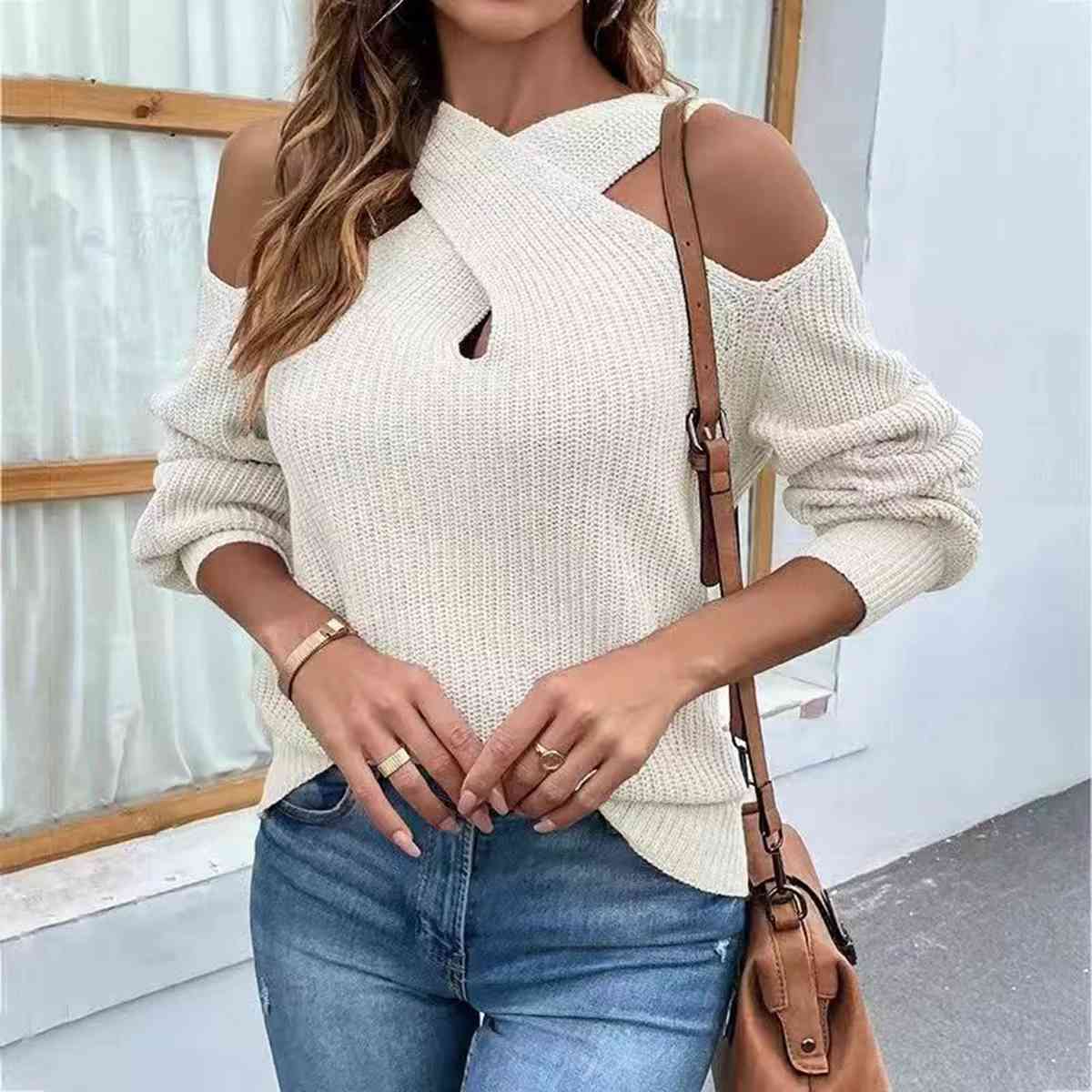 Crisscross Cold-Shoulder Sweater BLUE ZONE PLANET