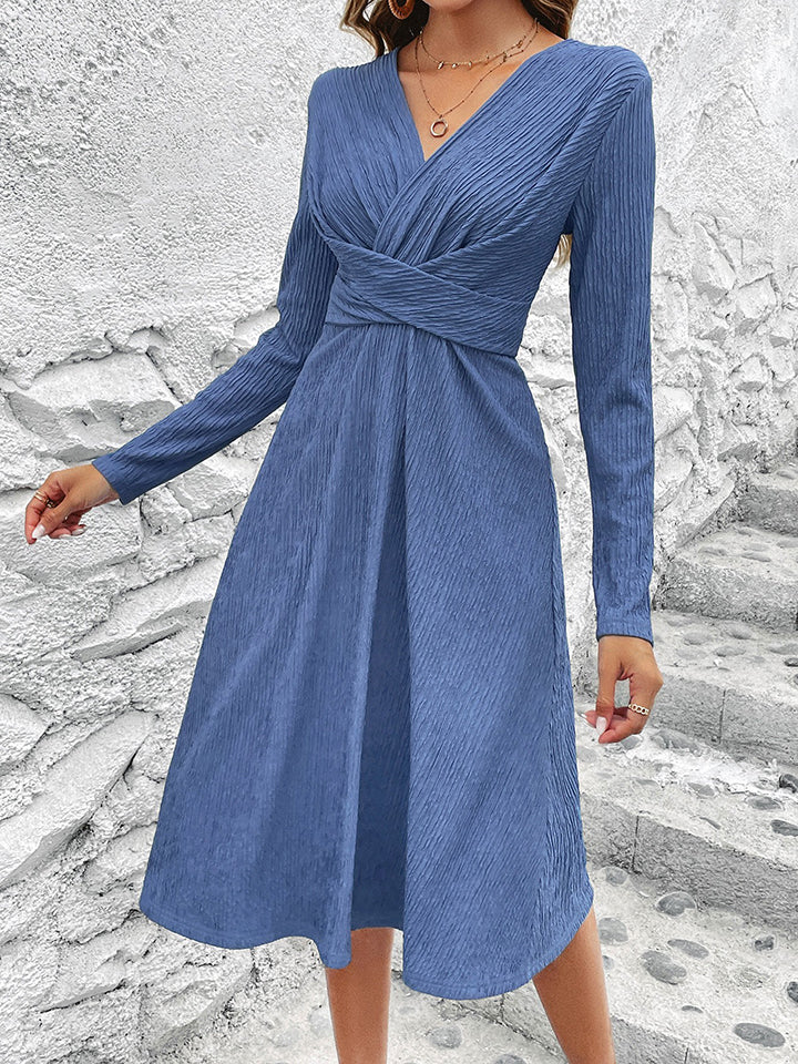 Crisscross Surplice Neck Long Sleeve Dress-TOPS / DRESSES-[Adult]-[Female]-Cobalt Blue-S-2022 Online Blue Zone Planet