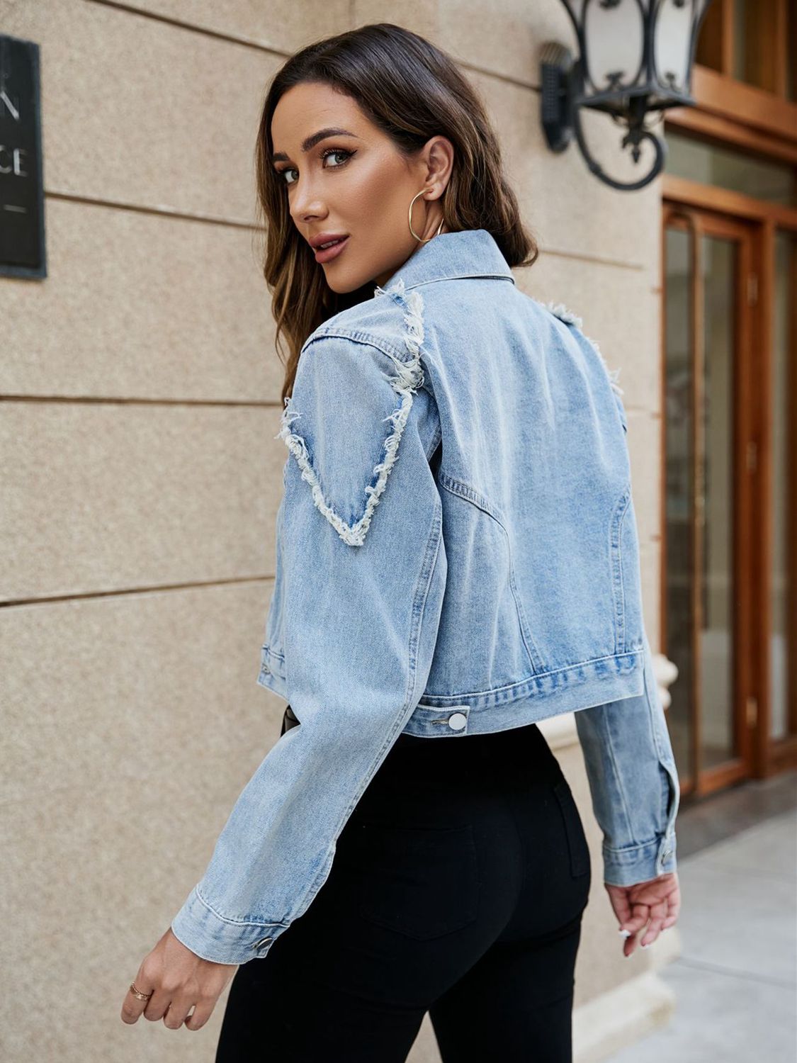 Cropped Collared Neck Denim Jacket BLUE ZONE PLANET