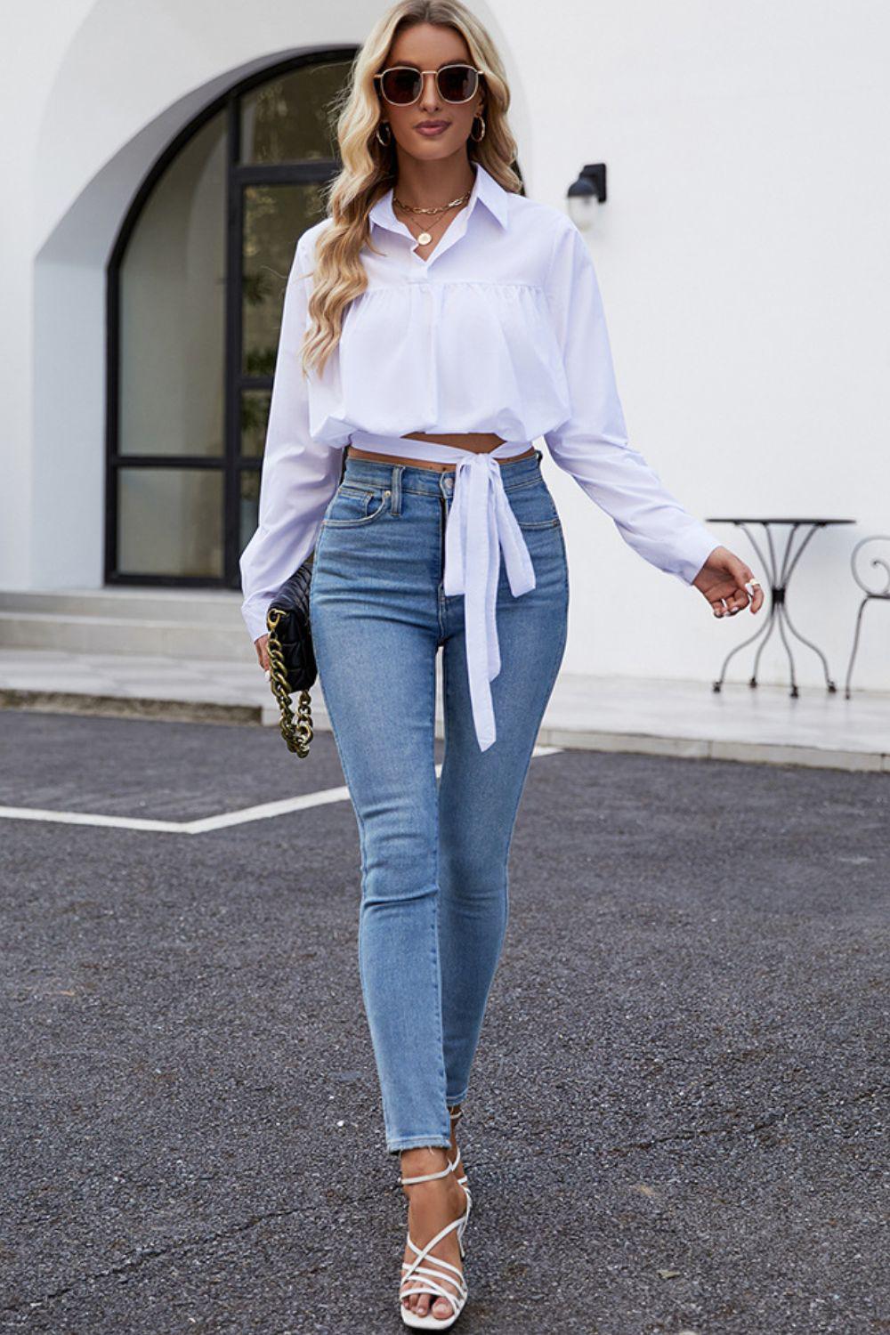 Cropped Lapel Collar Tie Waist Long Sleeve Blouse BLUE ZONE PLANET