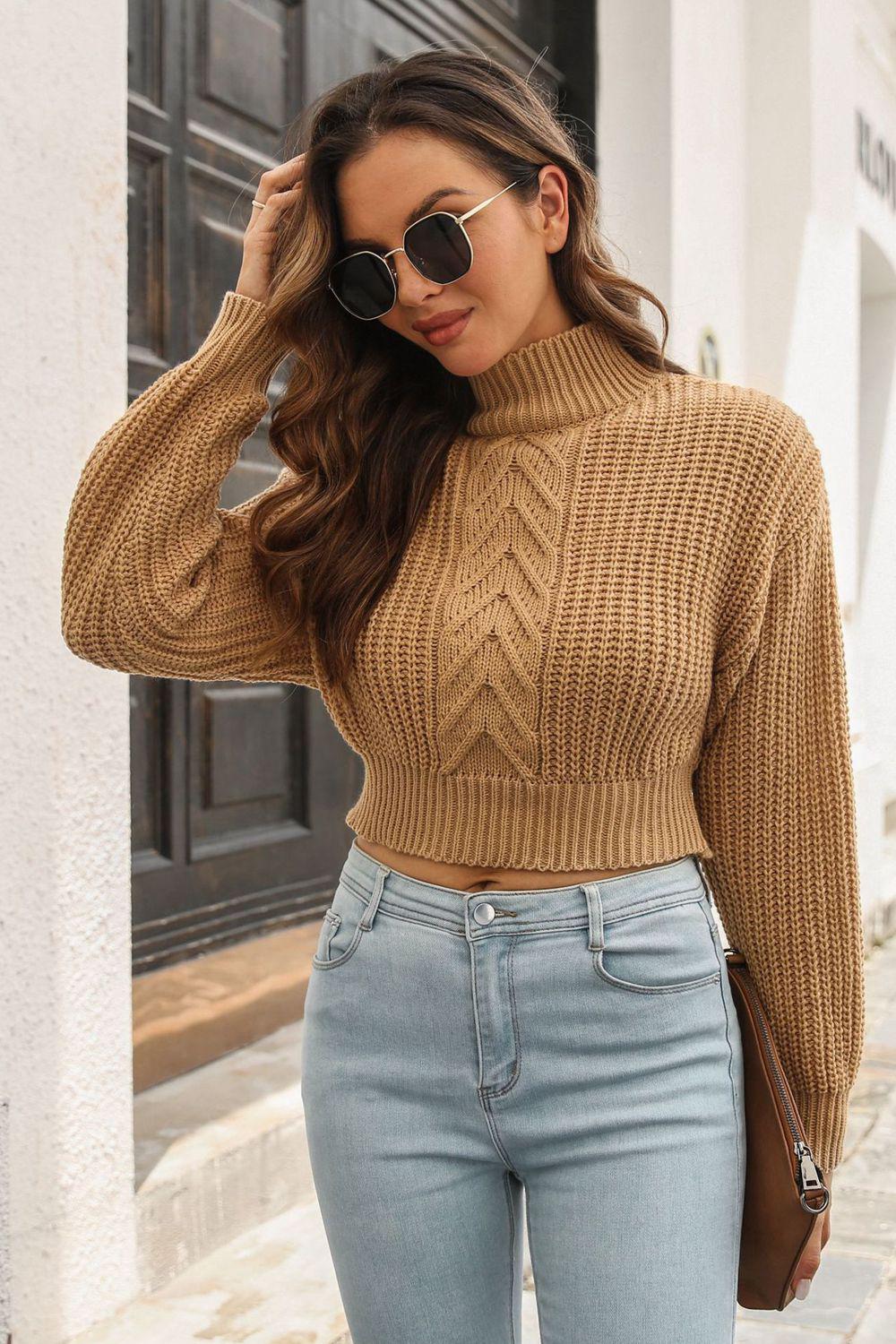 Cropped Mock Neck Cable Knit Pullover Sweater BLUE ZONE PLANET