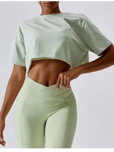 Cropped Round Neck Short Sleeve Active Top Trendsi