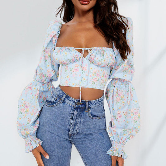 Cropped Sweetheart Neck Bubble Sleeve Blouse-TOPS / DRESSES-[Adult]-[Female]-Floral-S-2022 Online Blue Zone Planet